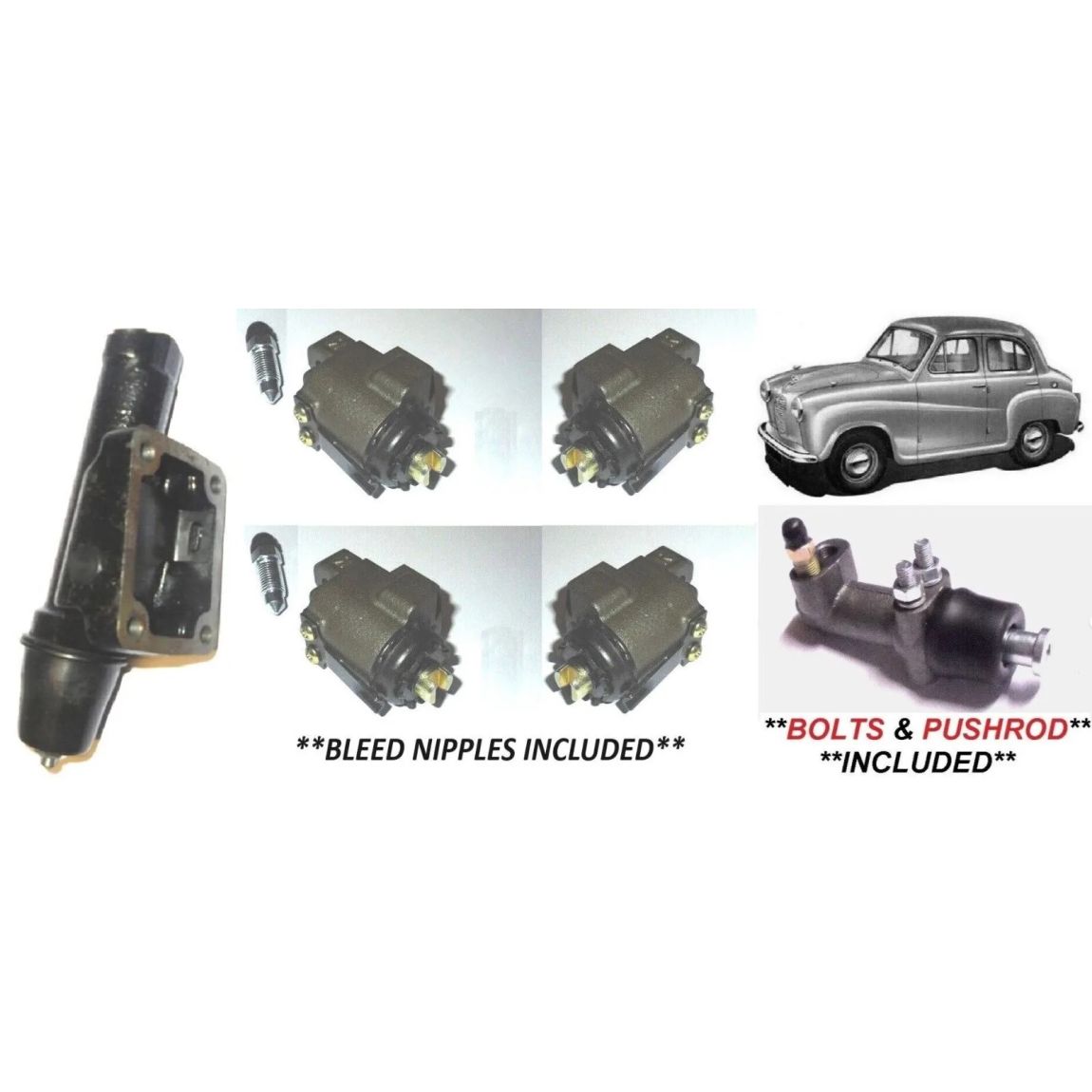 FRONT WHEEL CYLINDERS, REAR FRAME CYLINDER, BRAKE MASTER CYLINDER ASSEMBLY, BRAKES KIT (Austin A30 & A35) (Saloon & Van) (1953- 68) 
